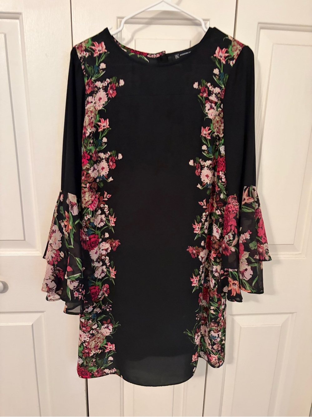 INC International Concepts Black Long-Sleeve Shift Dress with Pink Floral Panels